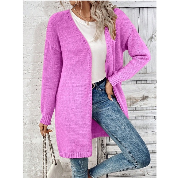Hot Pink Open Cardigan Long Sleeve Hip Length - Picture 6 of 7